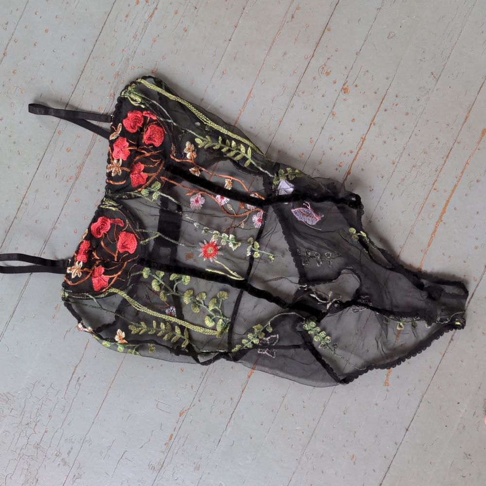Nwot SheIn embroidered floral sexy gauze bodysuit lingerie